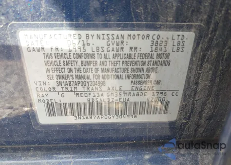 2016 Nissan Sentra Sv from USA, damaged, VIN 3N1AB7AP0GY304998